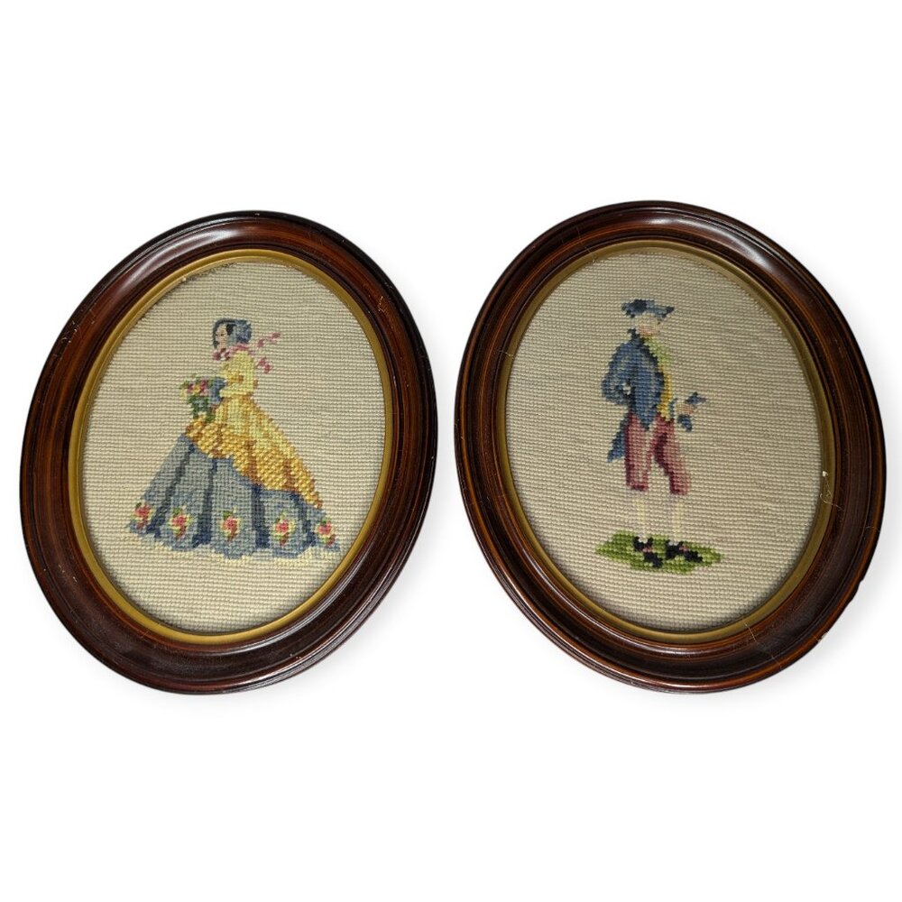 Vintage 1940s Needlepoint Colonial Man & Woman Wood Round Frames 10" x 9.5"
